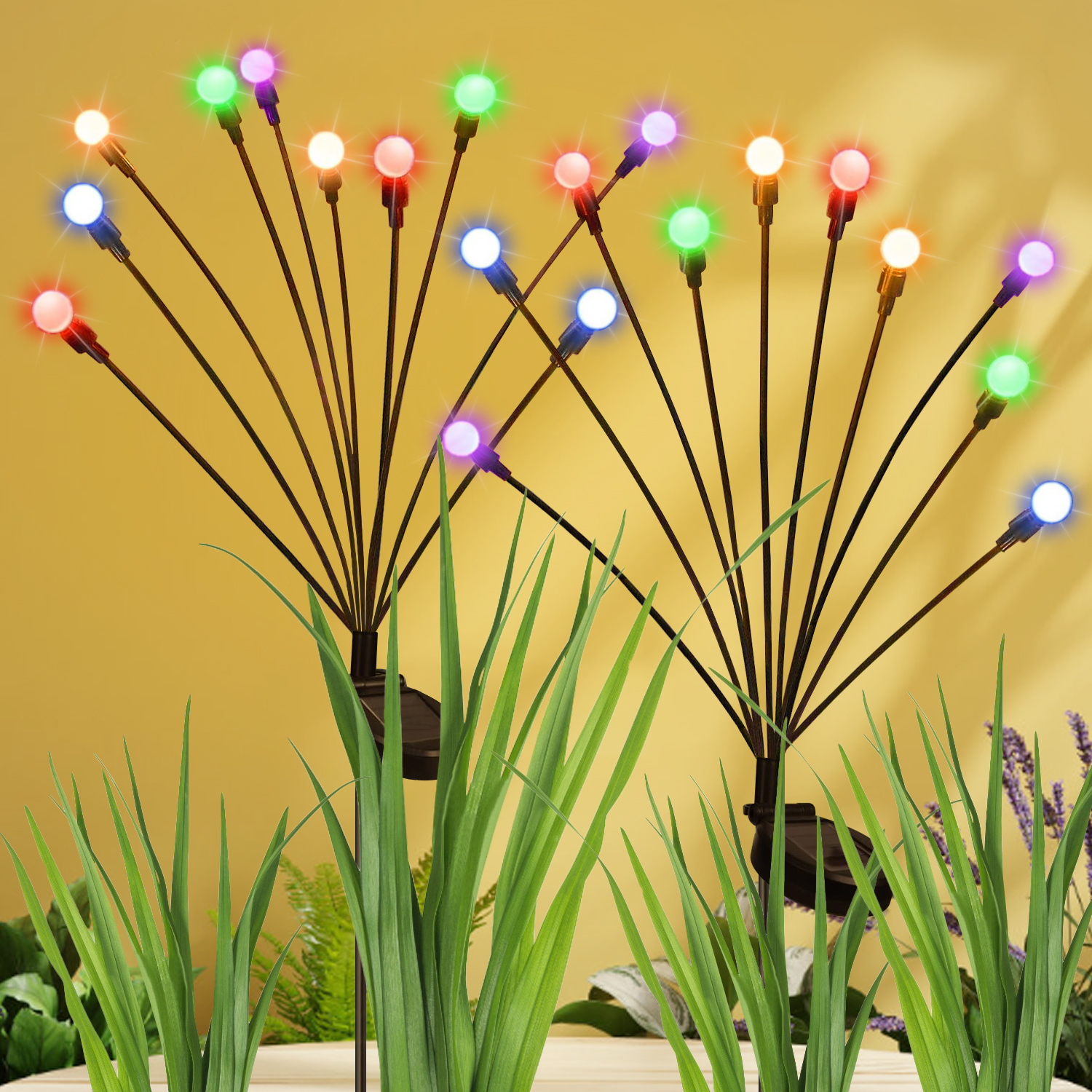 2PCS Outdoor Solar Garden Firefly Lights, 10 LED Colorful Lights, Solar Powered Firefly Flickering String Lights, Color Changing RGB Lights for Pathway Patio Yard D?cor